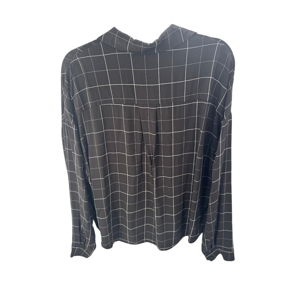 Sally LaPointe Womens Windowpane Grid Button Down Blouse Charcoal Black Pockets - Picture 5 of 5